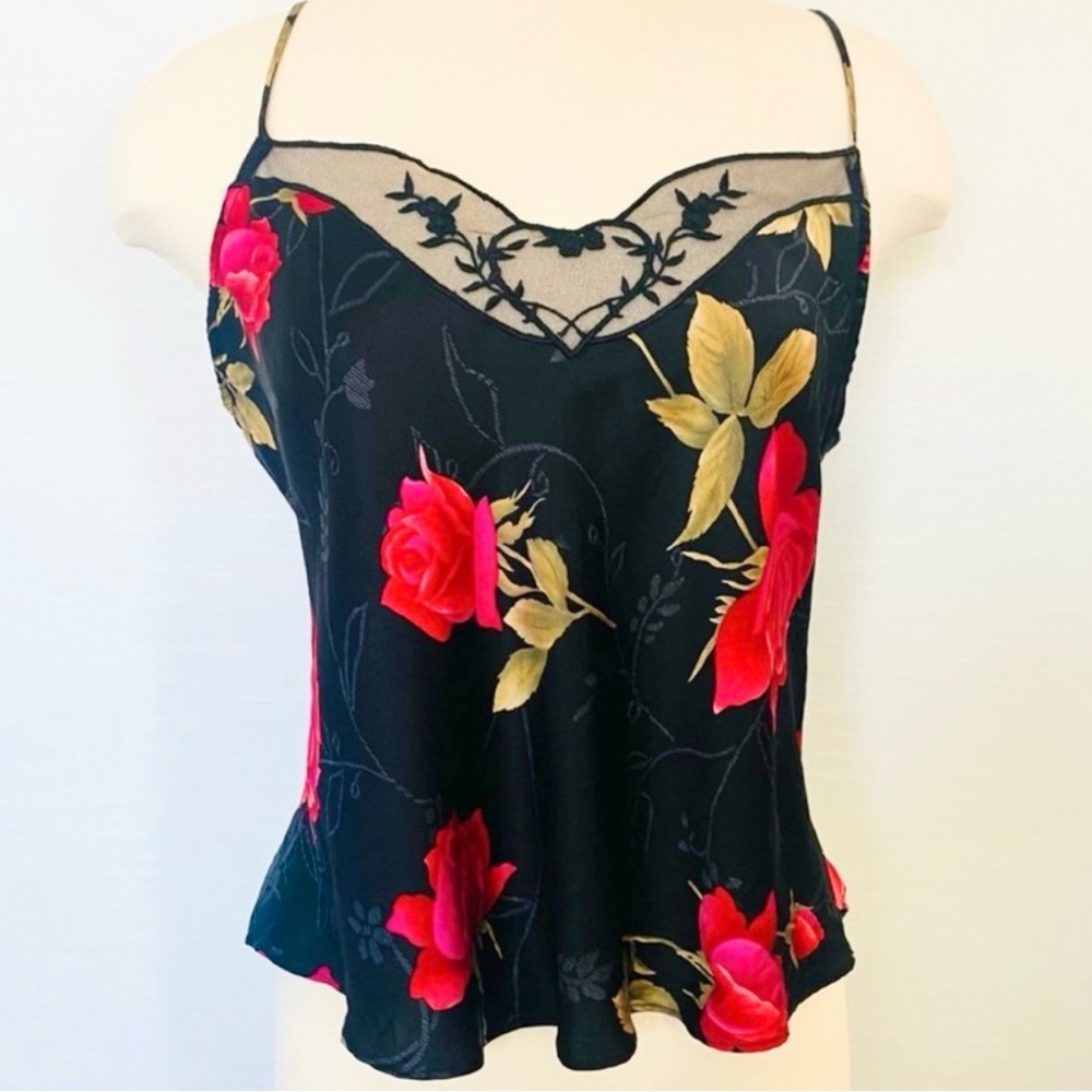 90s Victoria’s Secret Silk Black Red Rose Print Vintage Camisole Tank Top